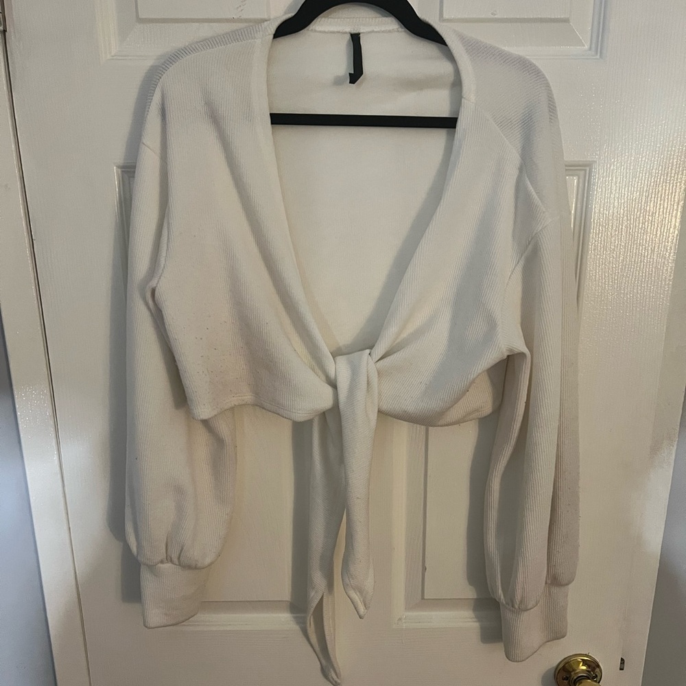 White Ribbed Sweater Tie-Front - Picture 4 of 6